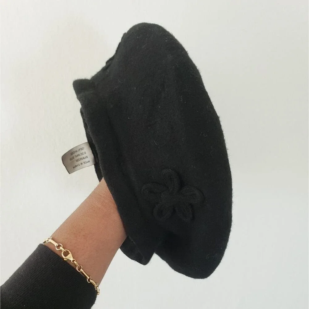 Toddler 100% Wool Hat Elegant Black Beret With Pretty Star Embroidery